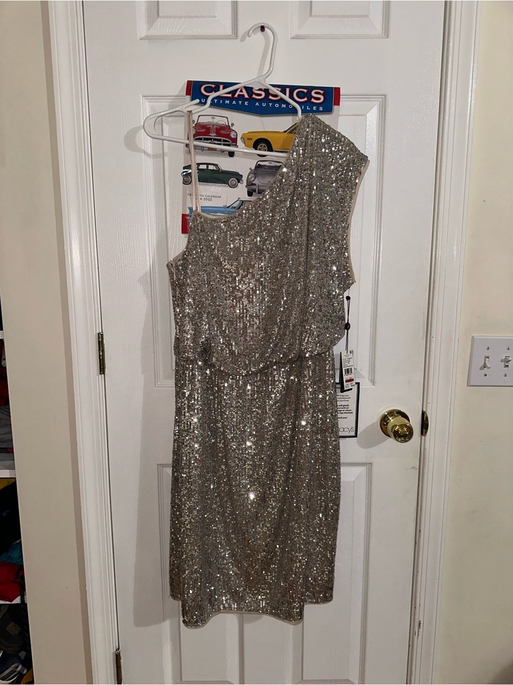 Adrianna Papell One-Shoulder Silver Sequin Cocktail Dress